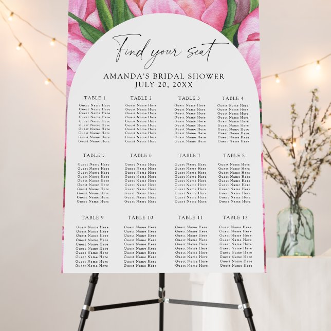 Watercolor peonies flowers seating chart foam board (In Situ (Stand))