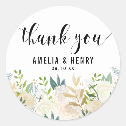 Watercolor Peonies Gold Foil Wedding Thank You Classic Round Sticker