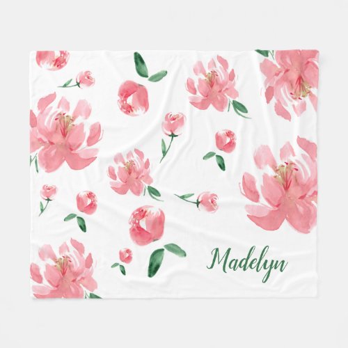 Watercolor Peonies Green Script Custom Name  Fleece Blanket