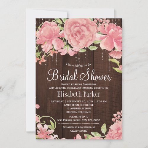 Watercolor peonies lights barn wood bridal shower invitation