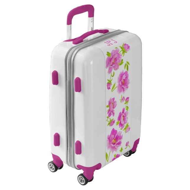 Watercolor Peonies Monogrammed Luggage (Rotated Left)