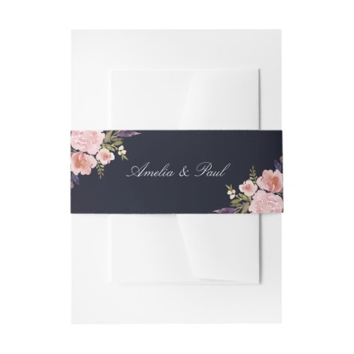 Watercolor Peonies Navy Invitation Belly Band