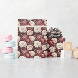 Watercolor Peonies on Burgundy  Wrapping Paper