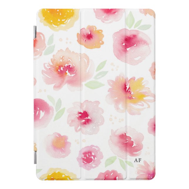 Watercolor Peonies Pattern Monogram iPad Pro Cover (Front)