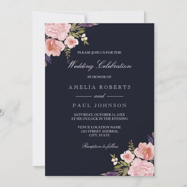 Watercolor Peonies Pink Navy Wedding Invitation (Front)
