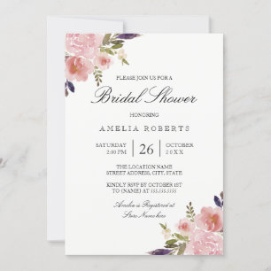 Watercolor Peonies Pink Purple Bridal Shower Invitation