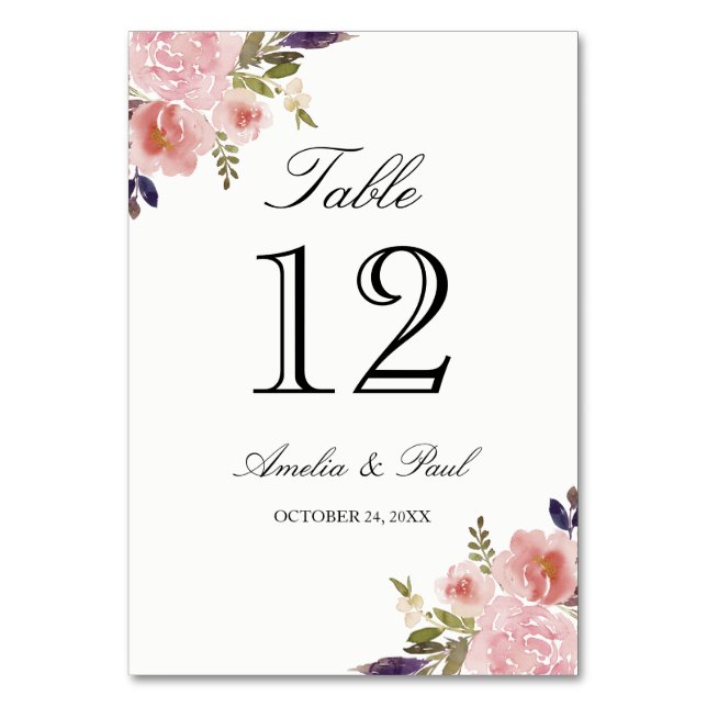 Watercolor Peonies Pink Wedding Table Number Cards (Front)