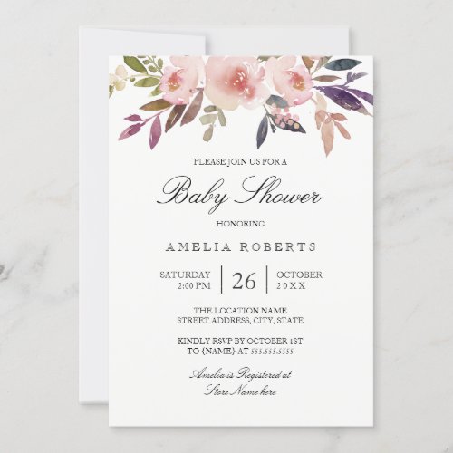 Watercolor Peonies Purple Pink Baby Shower Invitation