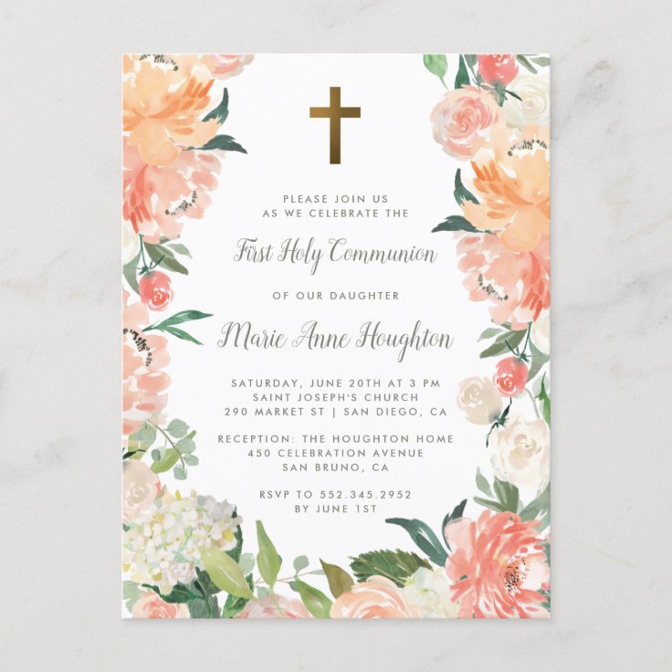 Watercolor Peonies & Roses First Holy Communion Invitation Postcard ...