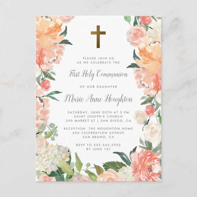 Watercolor Peonies & Roses First Holy Communion Invitation Postcard (Front)