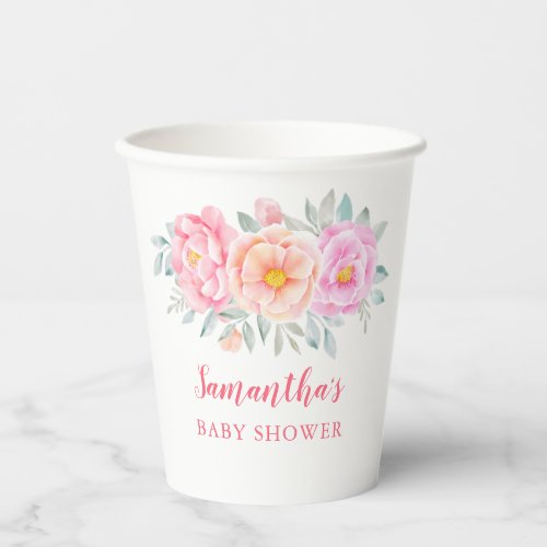 Watercolor Peonies Roses Pink Floral Baby Shower Paper Cups