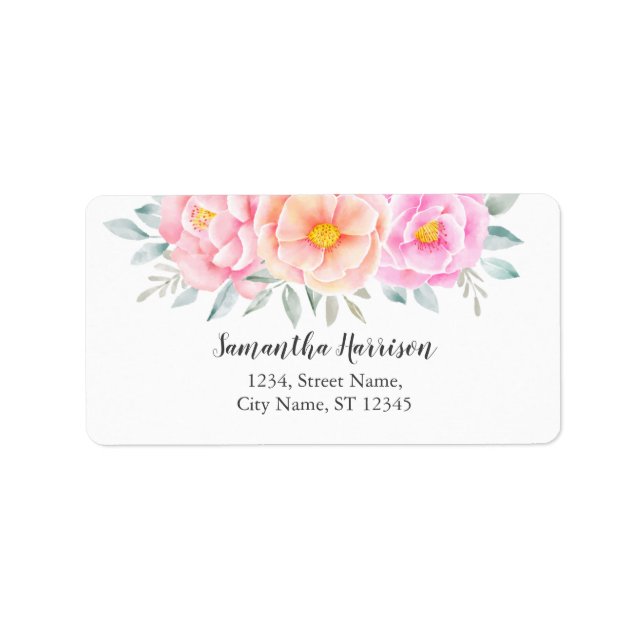 Watercolor Peonies Roses Pink Peach Floral Boho Label (Front)