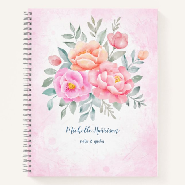 Watercolor Peonies Roses Pink Peach Floral Notebook (Front)