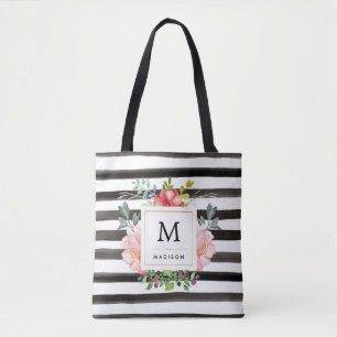 Watercolor Peonies with Black Stripes and Monogram Tote Bag