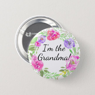 Watercolor Peony Baby Shower I am Grandma Name Tag Button