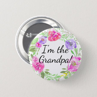 Watercolor Peony Baby Shower I am Grandpa Name Tag Button