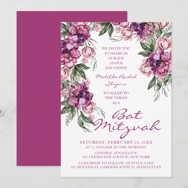 Watercolor Peony Bat Mitzvah Modern Floral Invitation (Front/Back)
