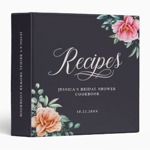 Watercolor Peony Black Bridal Shower Recipe Book 3 Ring Binder