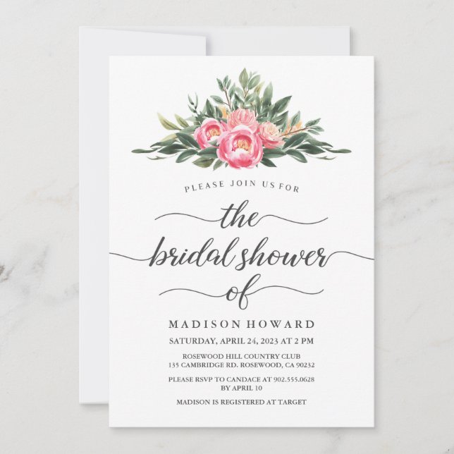 Watercolor Peony Bridal Shower Invitation (Front)