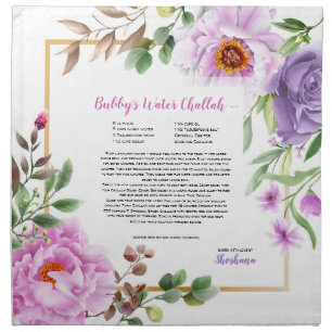 Watercolor Peony Challah Recipe Dough Cover & Cloth Napkin