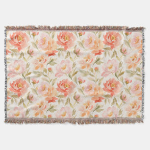 Watercolor Peony Coral Pink Floral Pattern Throw Blanket