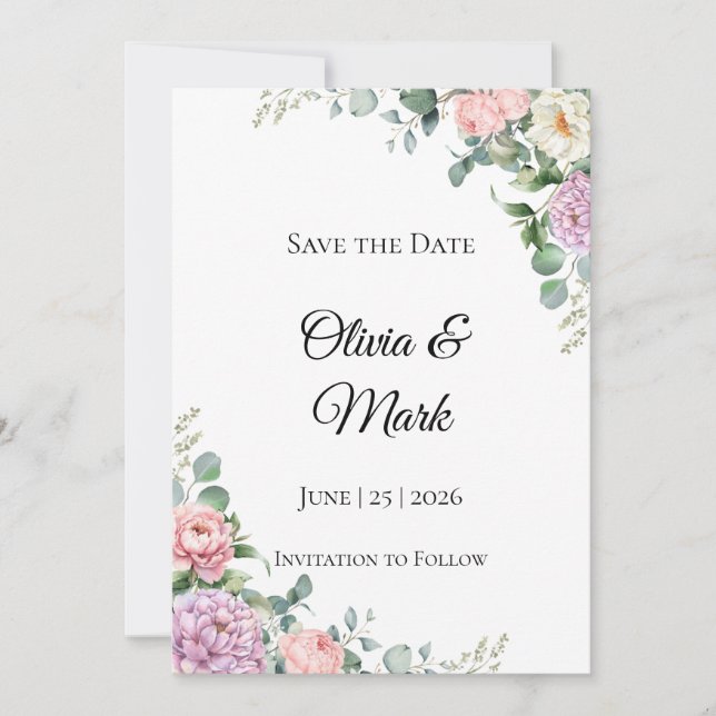 Watercolor Peony & Eucalyptus Save the Date (Front)