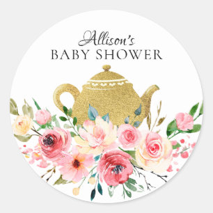 Watercolor Peony Floral Baby Tea Party Sticker