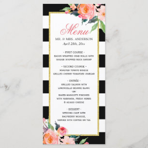 Watercolor Peony Floral Black Stripes Wedding Menu