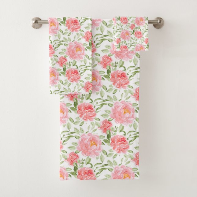 Watercolor Peony floral pattern Bath Towel Set (Insitu)