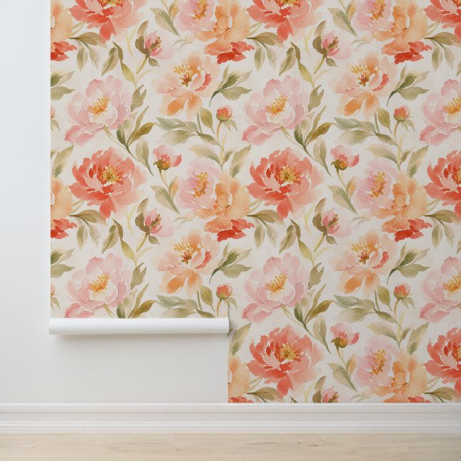 Watercolor Peony Floral Pattern in Coral Pink Wallpaper