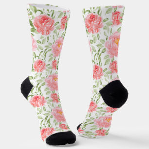 Watercolor Peony Floral Pattern Name Socks