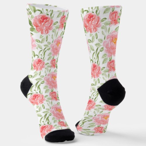 Watercolor Peony Floral Pattern Name Socks