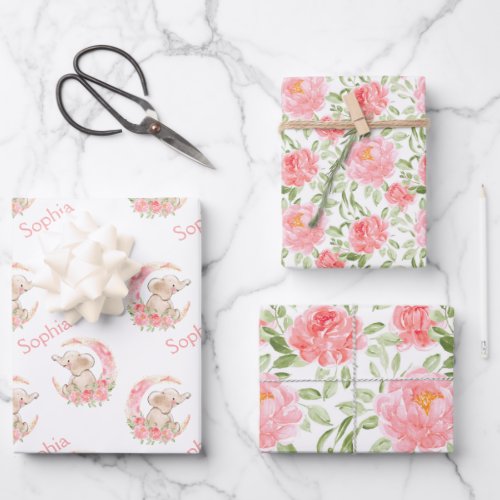 Watercolor Peony Floral Pattern Name  Wrapping Paper Sheets