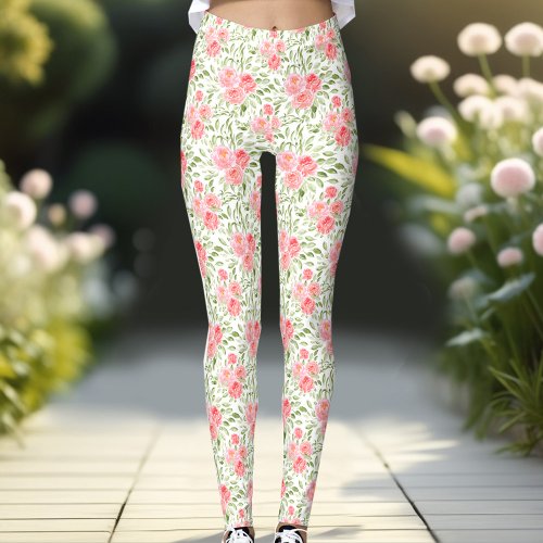 Watercolor Peony Floral Pattern Peach Leggings