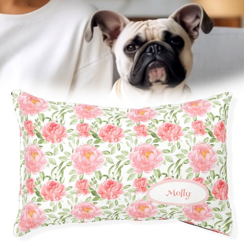 Watercolor Peony Floral Pattern Personalized Name Pet Bed