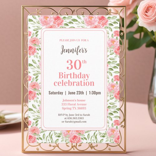 Watercolor Peony Floral Pink Peach 30th Birthday Invitation