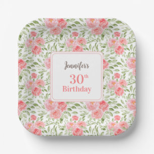 Watercolor Peony Floral Pink Peach 30th Birthday Paper Plates