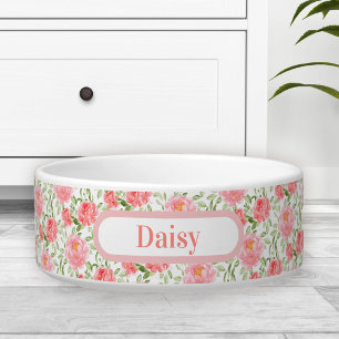 Watercolor Peony Floral Spring Name Pet Bowl