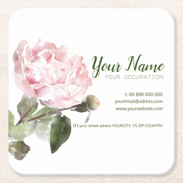 Watercolor Peony Flower Business Card Square Paper Coaster (Front)