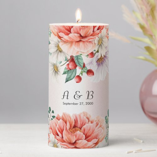 Watercolor Peony Flower Pillar Candle