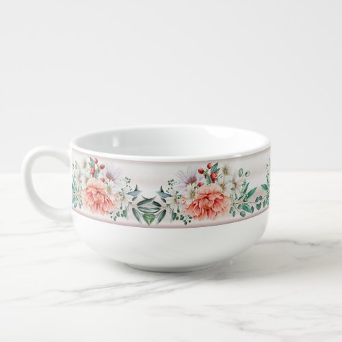 Watercolor Peony Flower Soup Mug