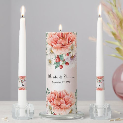 Watercolor Peony Flower Unity Candle Set