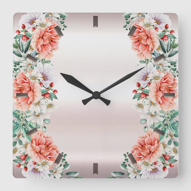 Watercolor Peony Flower Wall Clock (Front)