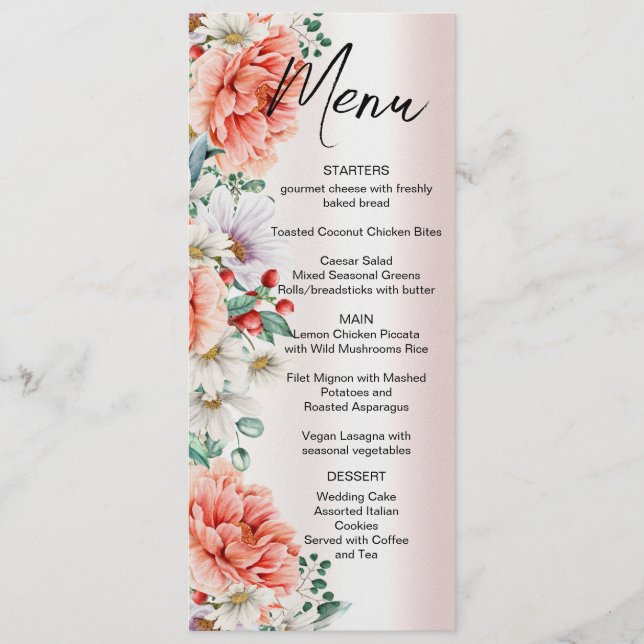 Watercolor Peony Flower Wedding Menu (Front)