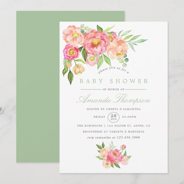 Watercolor Peony flowers Baby Shower invitation (Front/Back)