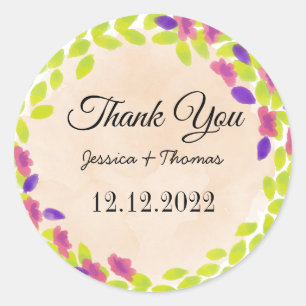 Watercolor Peony Flowers Thank You Wedding Favor C Classic Round Sticker
