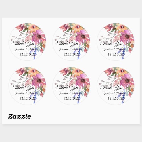 Watercolor Peony Flowers Thank You Wedding Favor C Classic Round Sticker