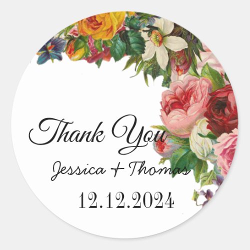 Watercolor Peony Flowers Thank You Wedding Favor C Classic Round Sticker