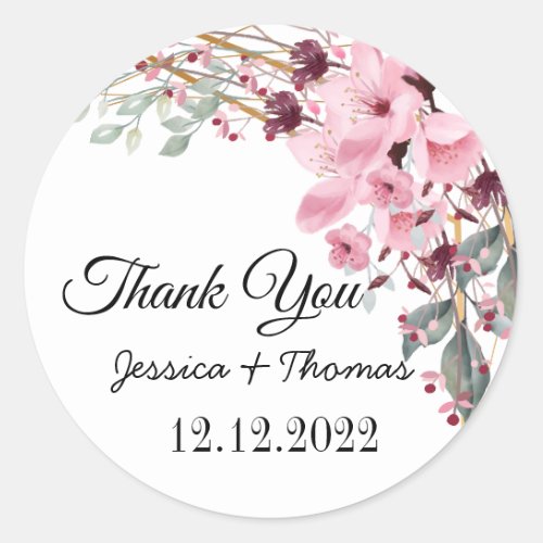 Watercolor Peony Flowers Thank You Wedding Favor Classic Round Sticker