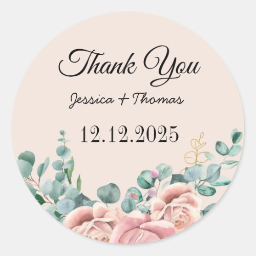Watercolor Peony Flowers Thank You Wedding Favor Classic Round Sticker